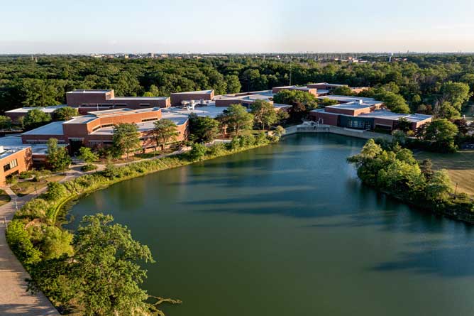 Aerial view of Lake Oakton in Des Plaines campus.