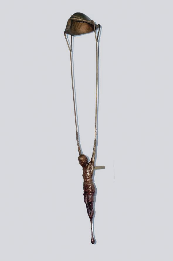 The bronze “Covid” is Rotblatt-Amrany’s reflection on the COVID-19 pandemic, the mask becoming our parachute.